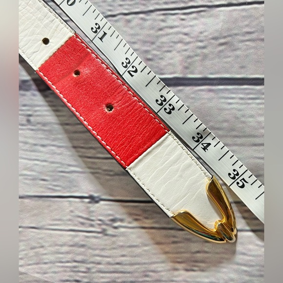 B.B. Simon Belt. Red & White with Gold Buckle & End Tip. Genuine Leather. Size L main image 4